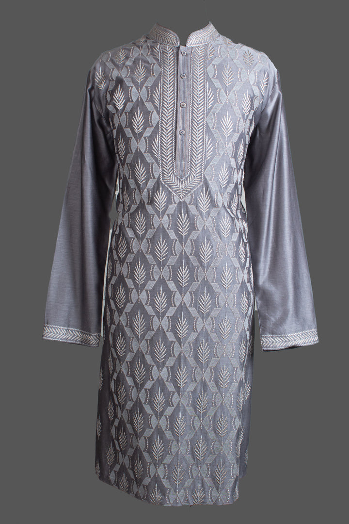 Grey Chanderi Kurta for Men | Jaal Embroidered Designer Kurta | Premium Wedding & Festive Wear