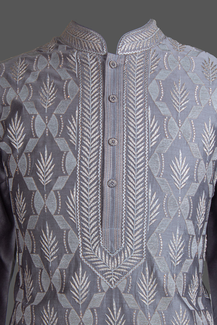 Grey Chanderi Kurta for Men | Jaal Embroidered Designer Kurta | Premium Wedding & Festive Wear