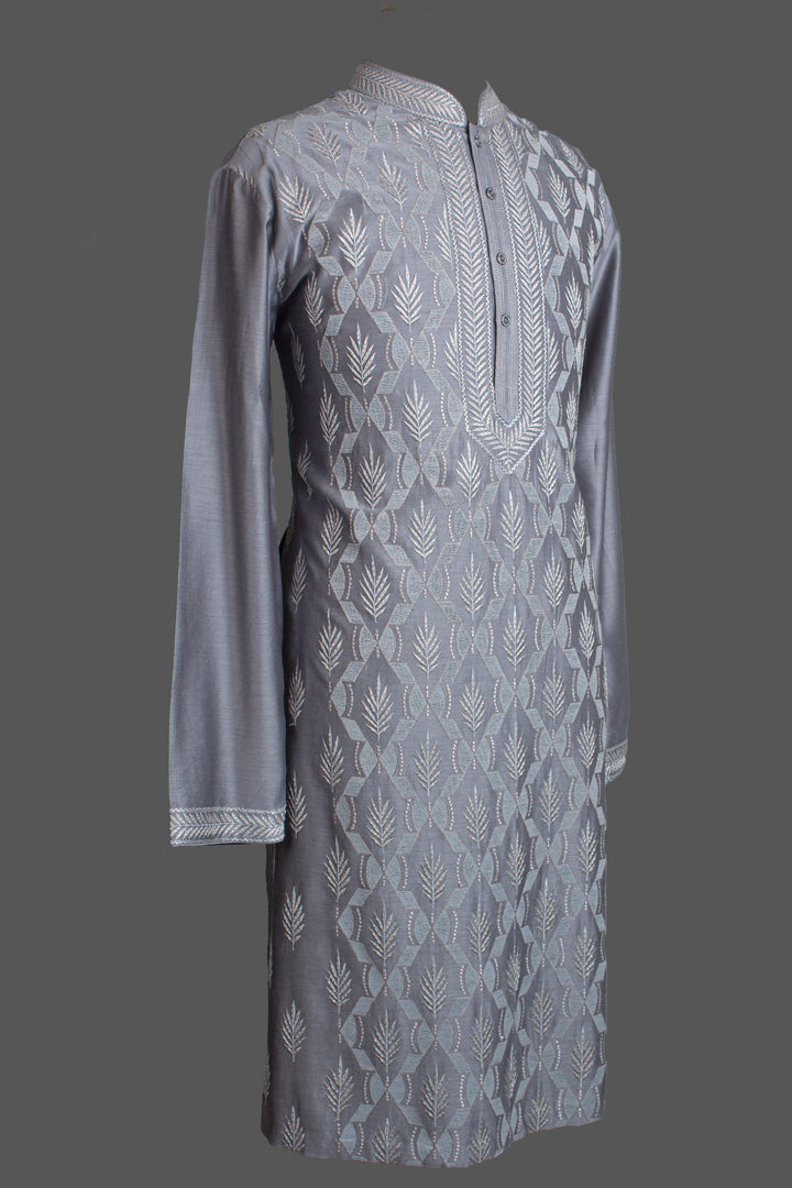 Grey Chanderi Kurta for Men | Jaal Embroidered Designer Kurta | Premium Wedding & Festive Wear