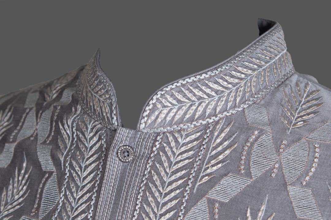 Grey Chanderi Kurta for Men | Jaal Embroidered Designer Kurta | Premium Wedding & Festive Wear
