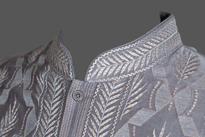 Grey Chanderi Kurta for Men | Jaal Embroidered Designer Kurta | Premium Wedding & Festive Wear