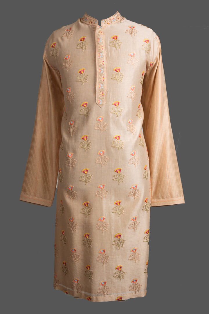 Beige Chanderi Kurta for Men | Aari & Machine Embroidered Designer Kurta | Wedding & Festive Wear