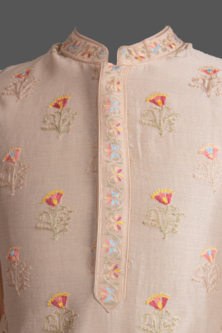 Beige Chanderi Kurta for Men | Aari & Machine Embroidered Designer Kurta | Wedding & Festive Wear