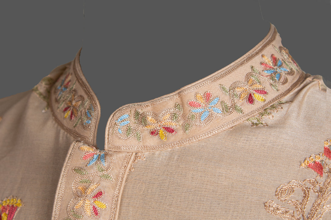 Beige Chanderi Kurta for Men | Aari & Machine Embroidered Designer Kurta | Wedding & Festive Wear