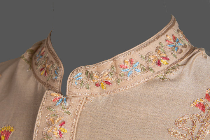 Beige Chanderi Kurta for Men | Aari & Machine Embroidered Designer Kurta | Wedding & Festive Wear