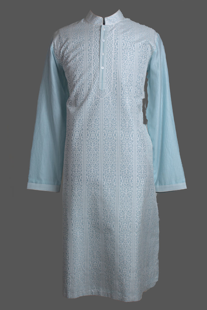 Sky Blue Chanderi Kurta for Men | Laser Cut & Stitchline Designer Kurta | Wedding & Festive Wear