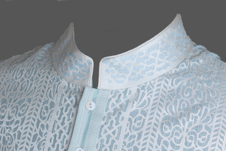 Sky Blue Chanderi Kurta for Men | Laser Cut & Stitchline Designer Kurta | Wedding & Festive Wear