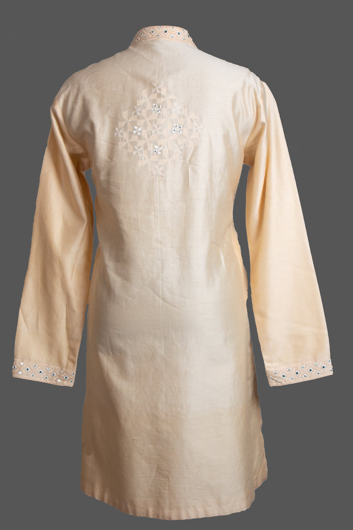 Beige Chanderi Kurta for Men | Mirror Work & Embroidered Designer Kurta | Wedding & Festive Wear