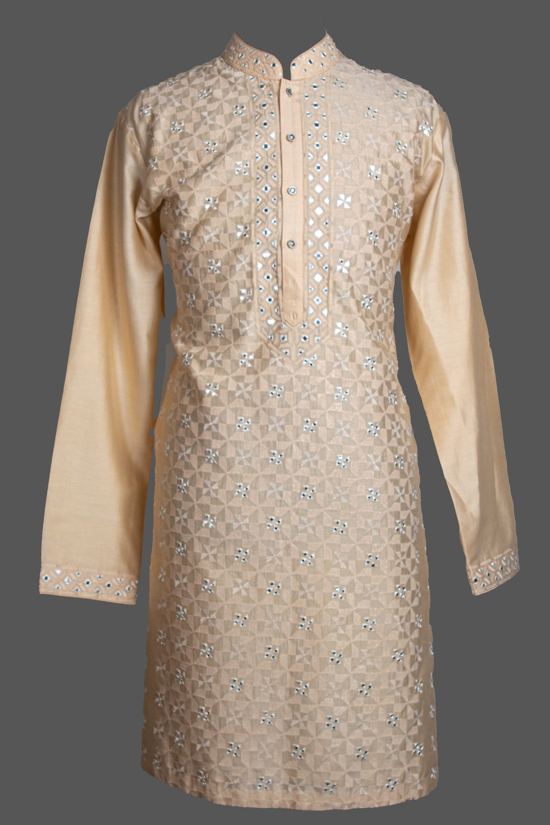 Beige Chanderi Kurta for Men | Mirror Work & Embroidered Designer Kurta | Wedding & Festive Wear