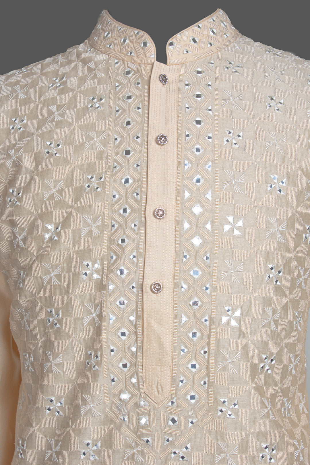 Beige Chanderi Kurta for Men | Mirror Work & Embroidered Designer Kurta | Wedding & Festive Wear