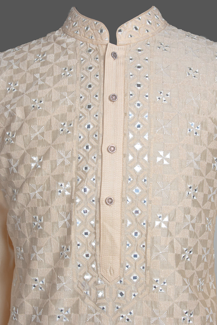 Beige Chanderi Kurta for Men | Mirror Work & Embroidered Designer Kurta | Wedding & Festive Wear