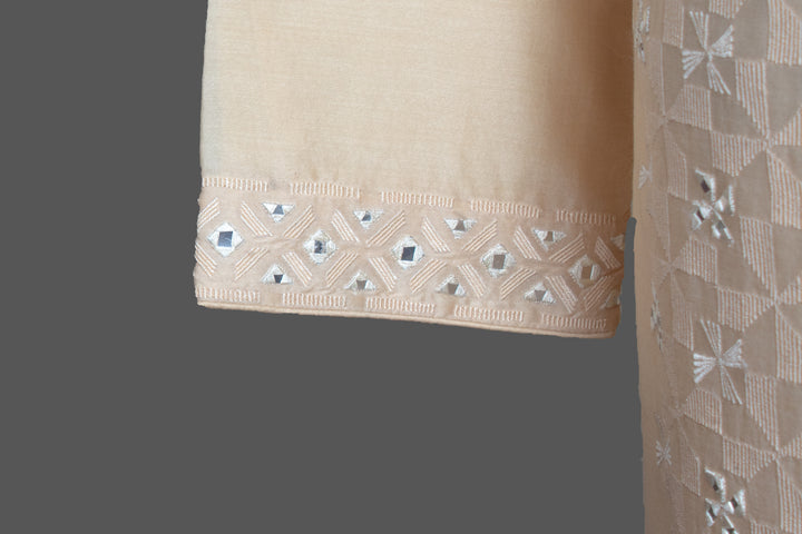 Beige Chanderi Kurta for Men | Mirror Work & Embroidered Designer Kurta | Wedding & Festive Wear