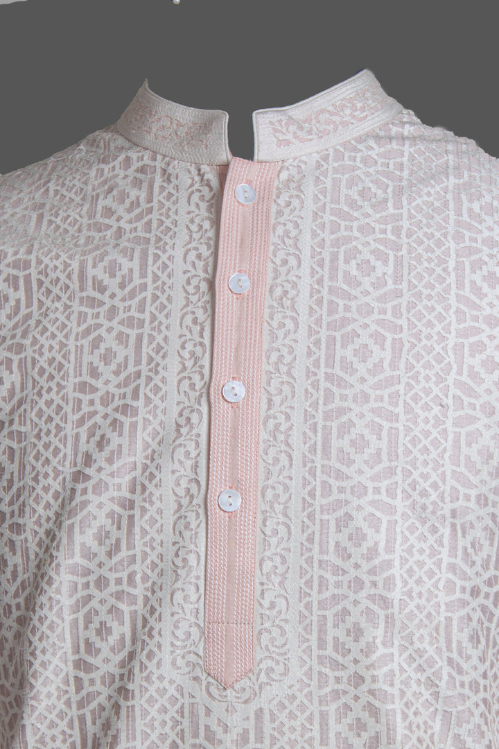 Pink Chanderi Kurta for Men | Laser Cut & Stitchline Designer Kurta | Wedding & Festive Wear