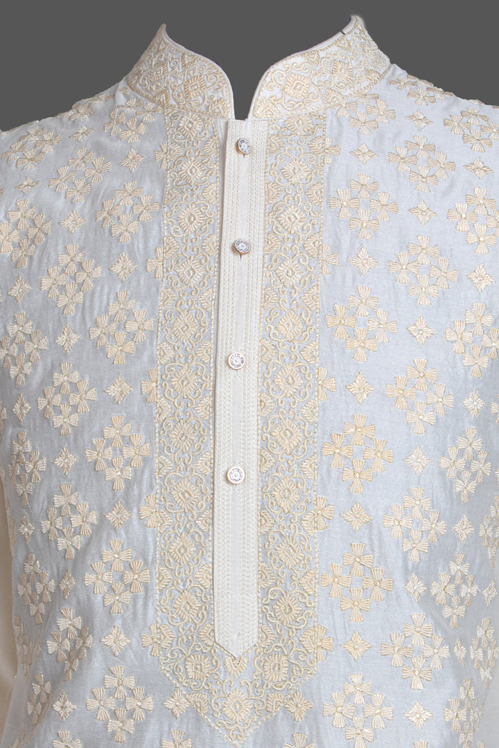 Off-White Chanderi Kurta for Men | Jaal Embroidered Designer Kurta | Luxury Wedding & Festive Wear