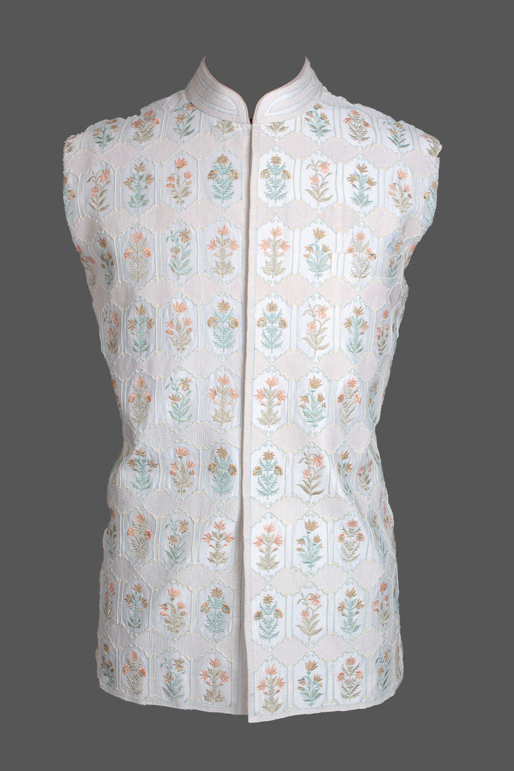 Off-White Chanderi Bundi for Men | Jaal Embroidered Nehru Jacket | Luxury Wedding & Festive Wear
