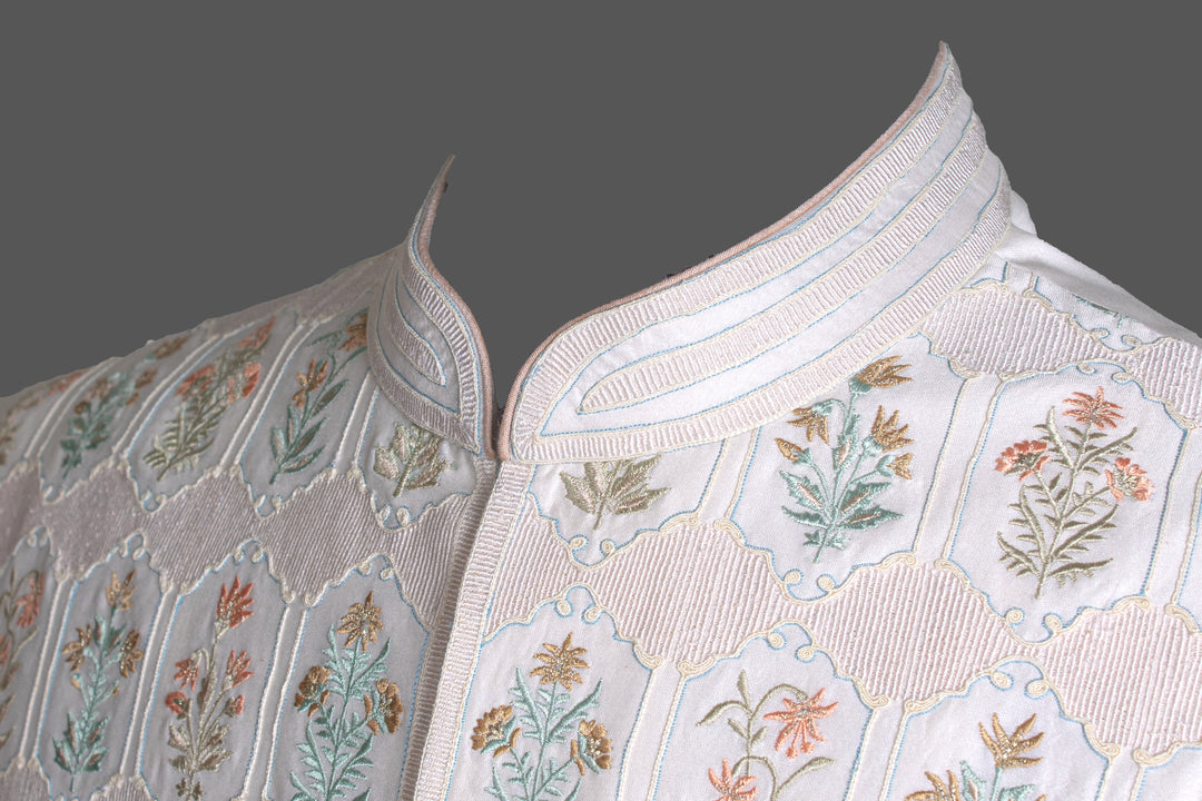 Off-White Chanderi Bundi for Men | Jaal Embroidered Nehru Jacket | Luxury Wedding & Festive Wear