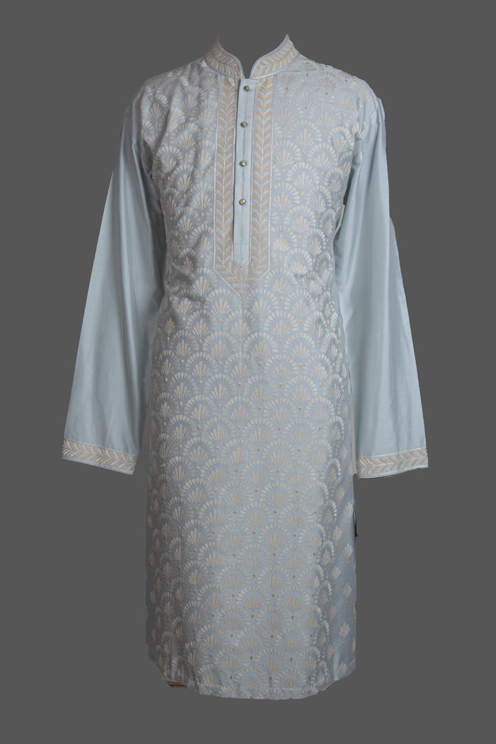 Aqua Chanderi Kurta for Men | Geometric Jaal Embroidered Designer Kurta | Wedding & Festive Wear