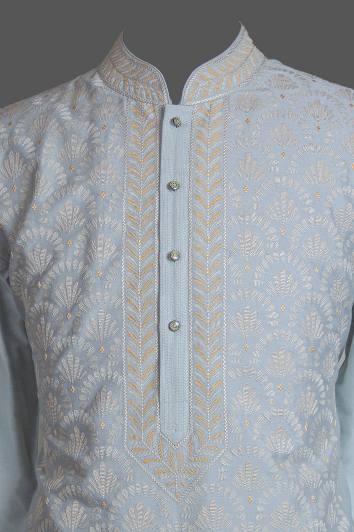 Aqua Chanderi Kurta for Men | Geometric Jaal Embroidered Designer Kurta | Wedding & Festive Wear