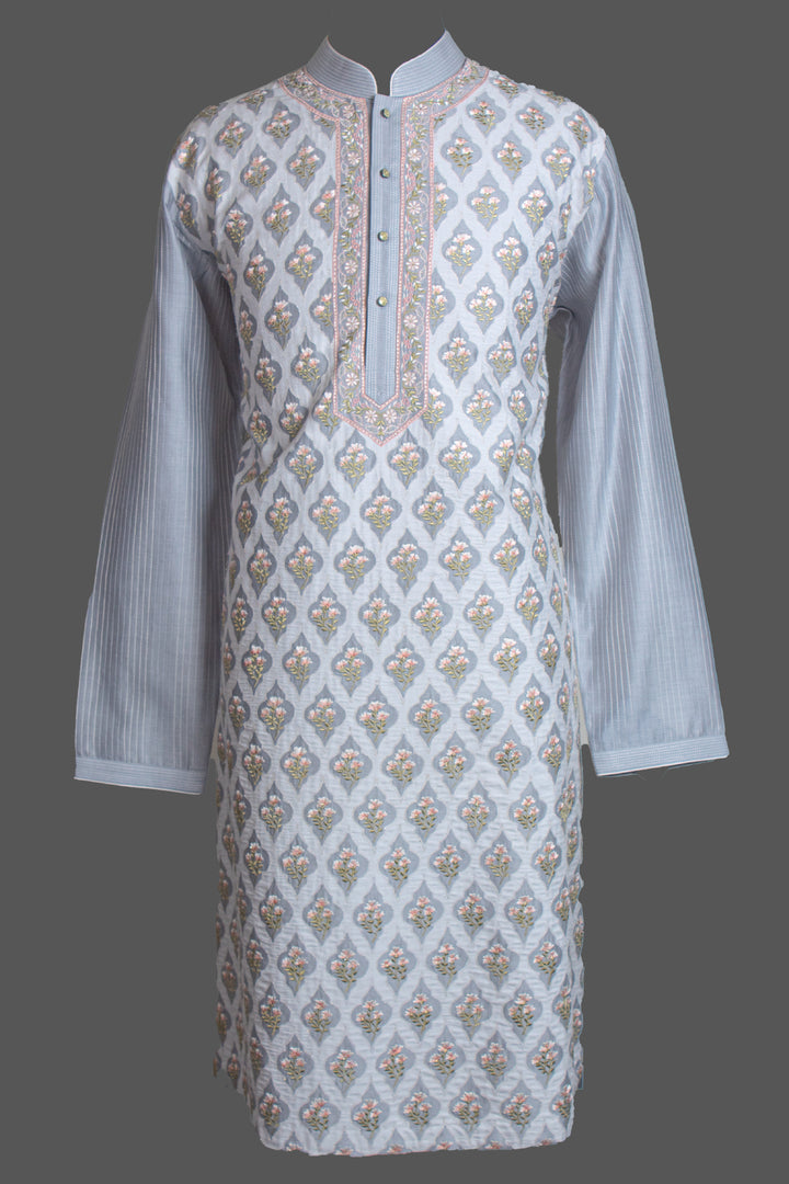 Grey Chanderi Kurta for Men | Jaal Machine Embroidered Designer Kurta | Wedding & Festive Wear