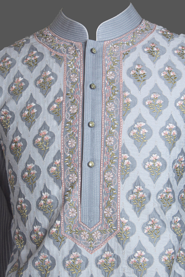 Grey Chanderi Kurta for Men | Jaal Machine Embroidered Designer Kurta | Wedding & Festive Wear