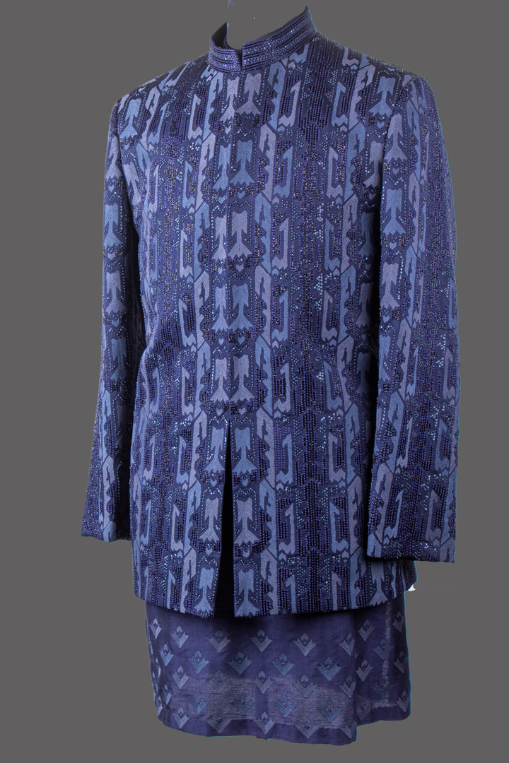 Navy Blue Silk Bandhgala Set for Men | Embroidered Designer Bandhgala with Kurta & Pant | Wedding & Festive Wear