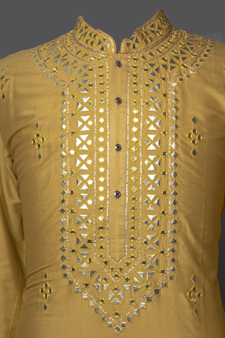 Green Cotton Silk Kurta Set with Leather & Mirror Embroidery