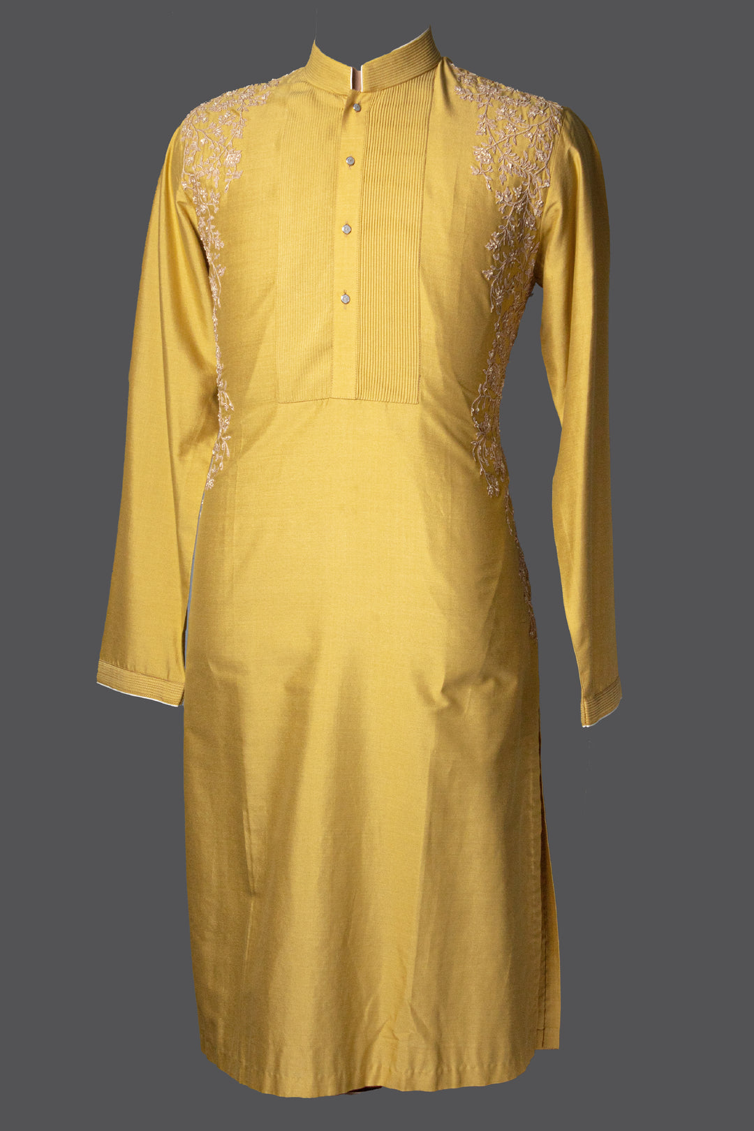Lemon Yellow Cotton Silk Kurta Set with Pintucks, Dori & Hand Embroidery