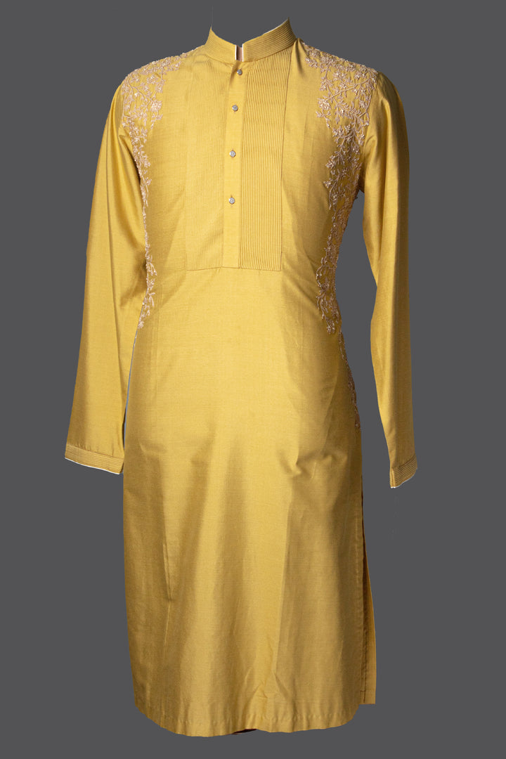 Lemon Yellow Cotton Silk Kurta Set with Pintucks, Dori & Hand Embroidery