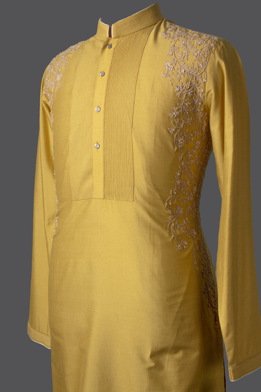 Lemon Yellow Cotton Silk Kurta Set with Pintucks, Dori & Hand Embroidery