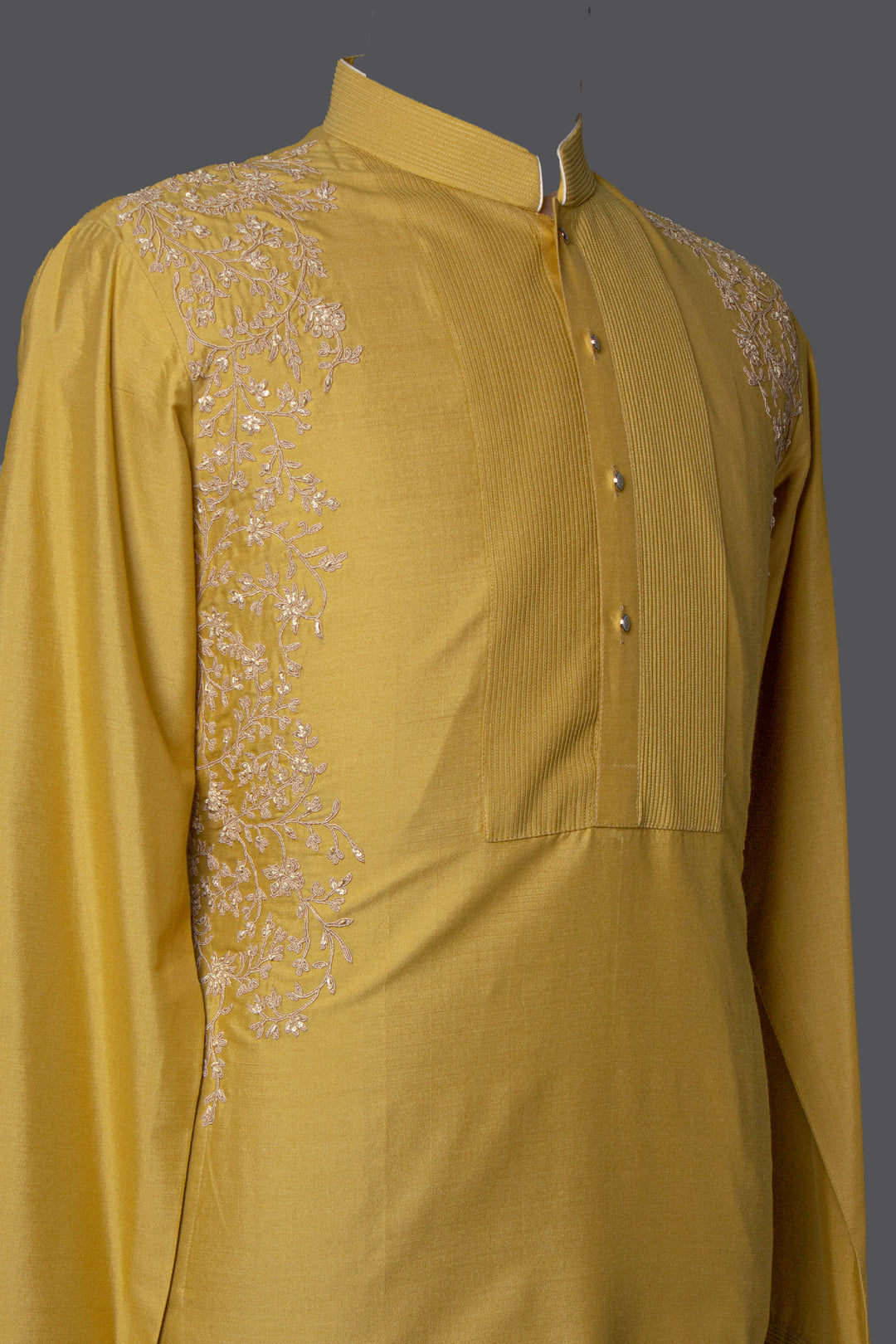 Lemon Yellow Cotton Silk Kurta Set with Pintucks, Dori & Hand Embroidery
