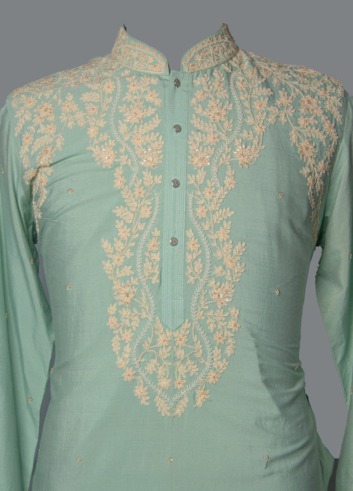 Aqua Cotton Silk Kurta Set with Dori & Hand Embroidery