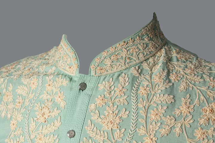 Aqua Cotton Silk Kurta Set with Dori & Hand Embroidery