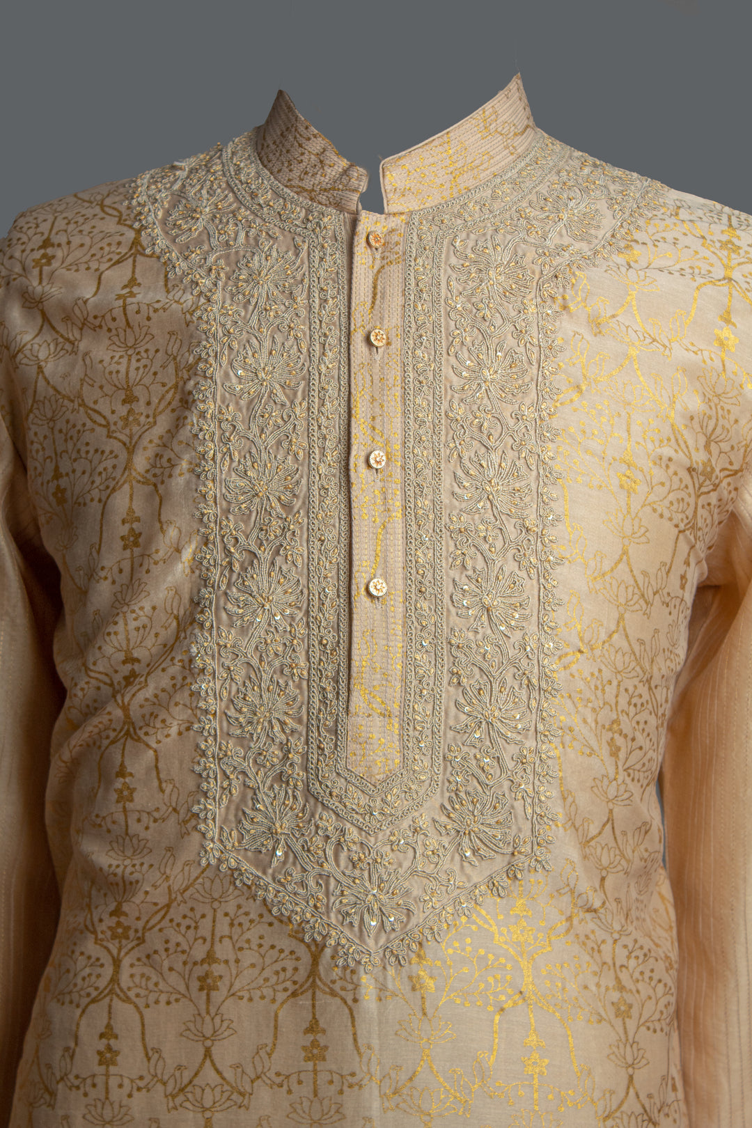 Beige Foil Printed Chanderi Kurta
