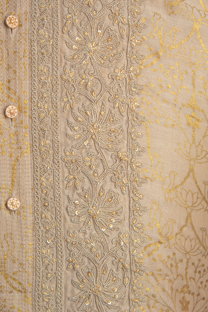 Beige Foil Printed Chanderi Kurta