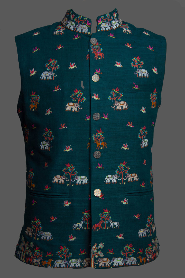 Dark Green Matka Silk Bundi for Men | Embroidered Nehru Jacket | Wedding & Festive Wear