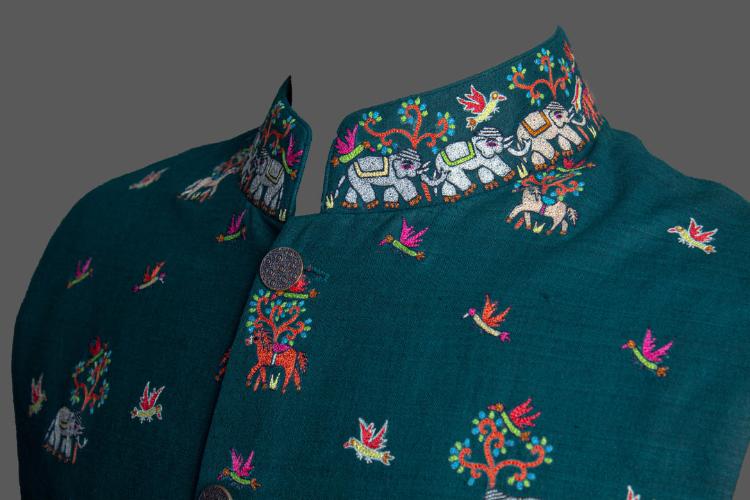Dark Green Matka Silk Bundi for Men | Embroidered Nehru Jacket | Wedding & Festive Wear