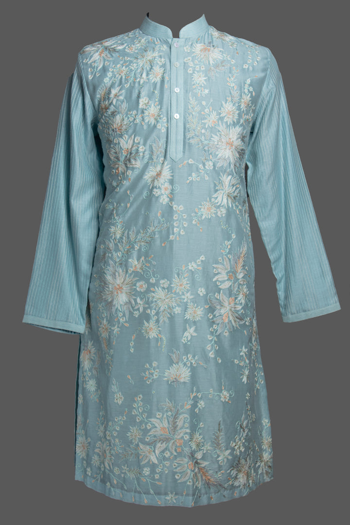 Sky Blue Chanderi Kurta Set with Aari & Machine Embroidery
