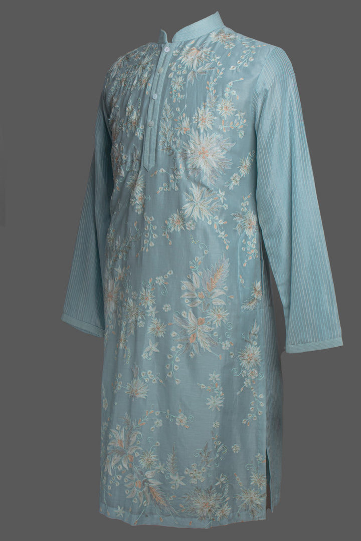 Sky Blue Chanderi Kurta Set with Aari & Machine Embroidery