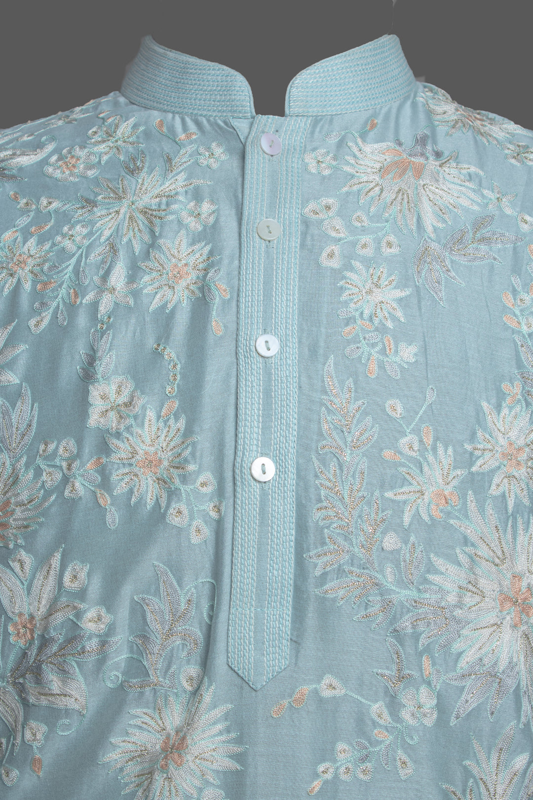 Sky Blue Chanderi Kurta Set with Aari & Machine Embroidery