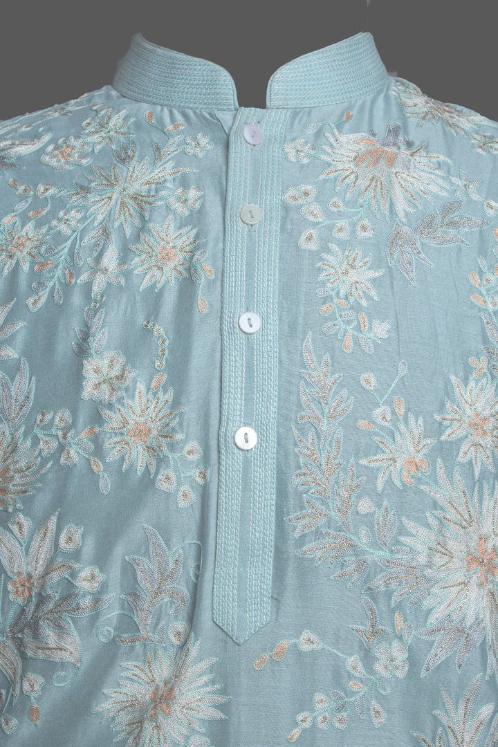 Sky Blue Chanderi Kurta Set with Aari & Machine Embroidery