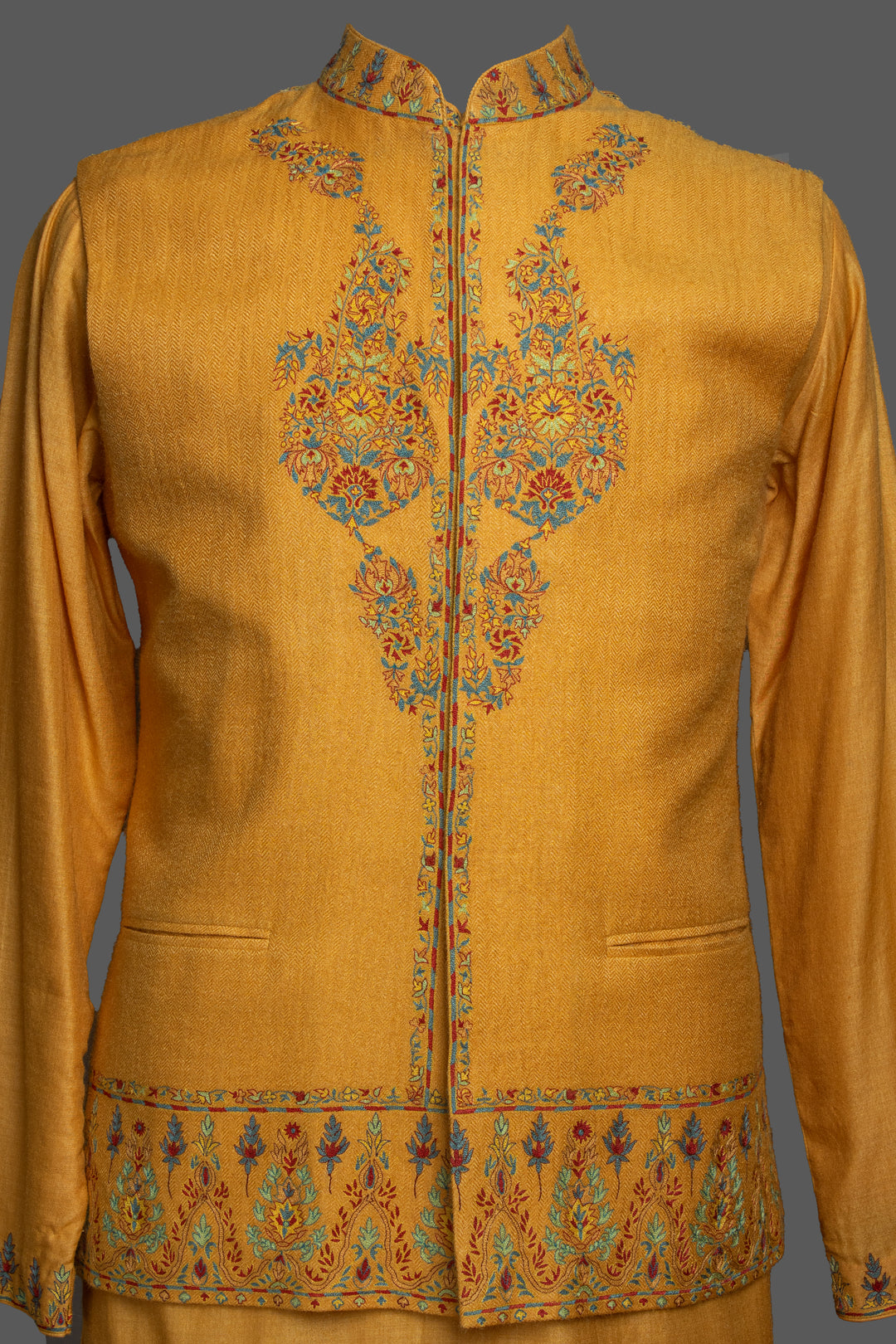 Men’s Yellow Moonga Pashmina Bundi with Kashmiri Embroidery