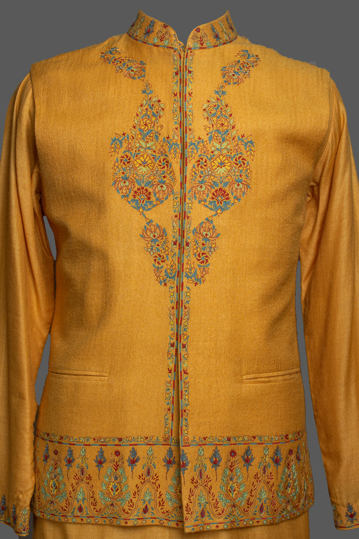Men’s Yellow Moonga Pashmina Bundi with Kashmiri Embroidery