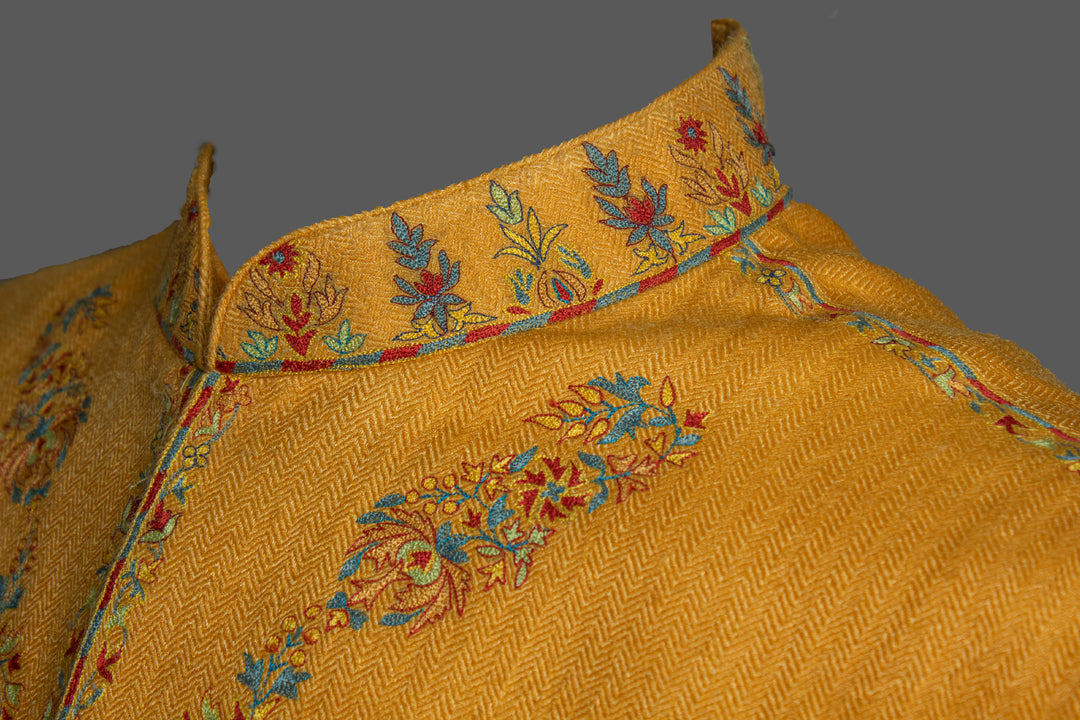 Men’s Yellow Moonga Pashmina Bundi with Kashmiri Embroidery