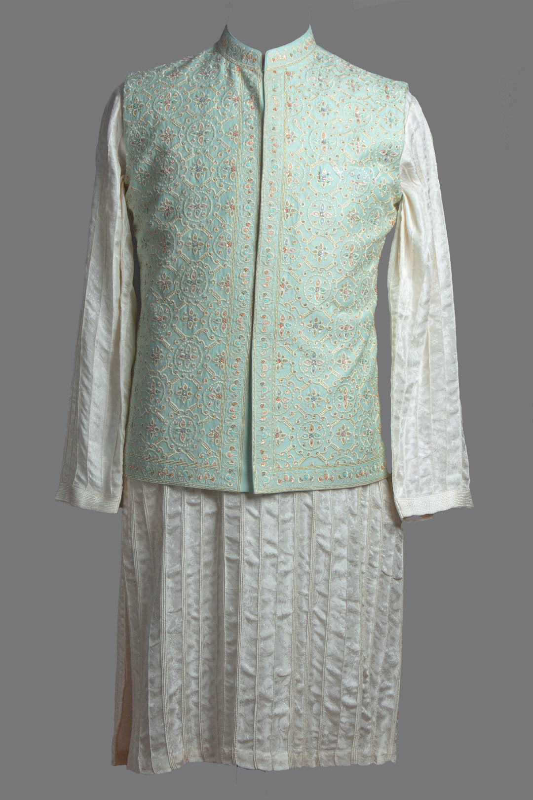 Aqua Embroidered Bundi with Off-White Pintuck Silk Kurta Set