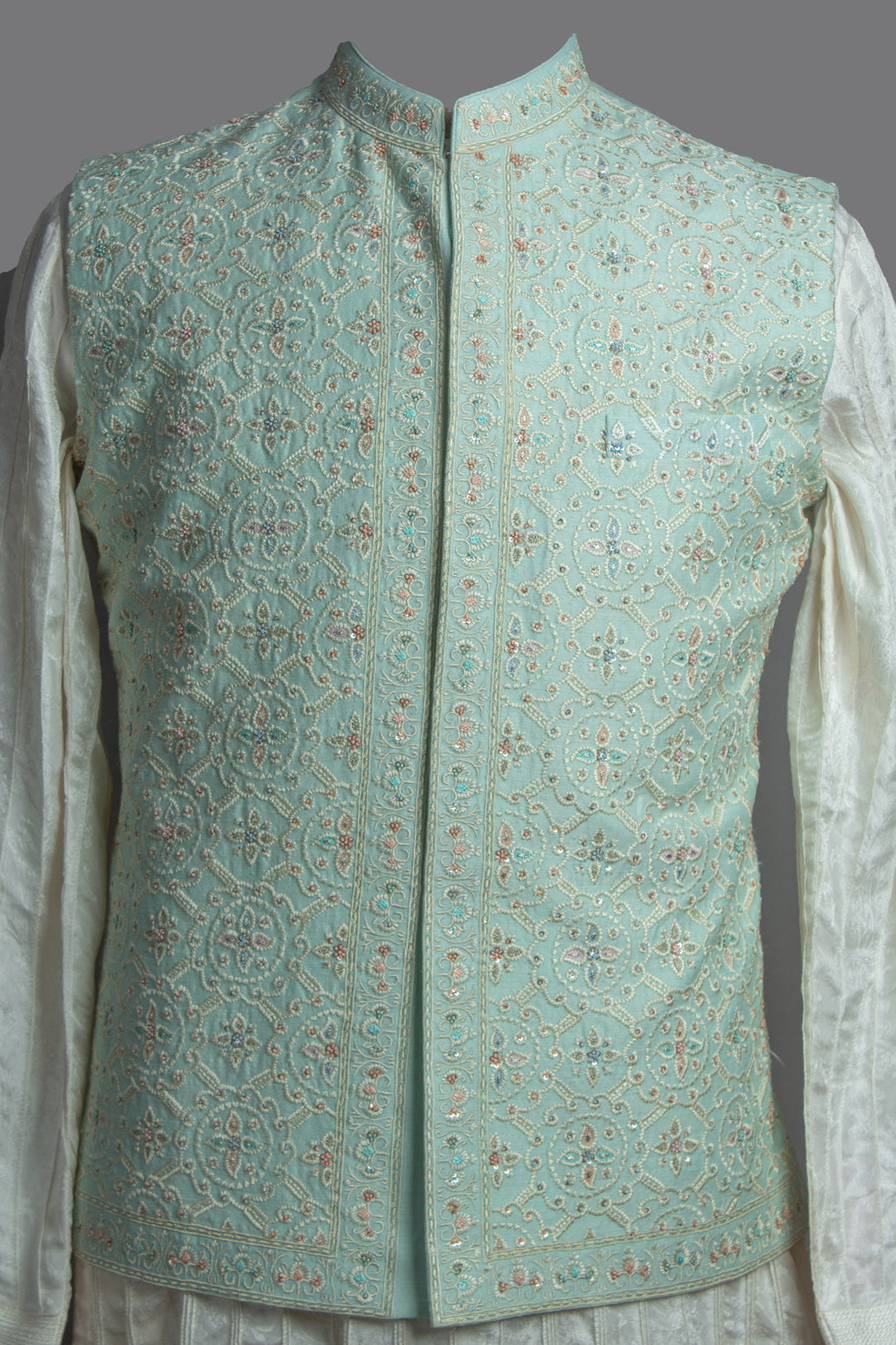 Aqua Embroidered Bundi with Off-White Pintuck Silk Kurta Set