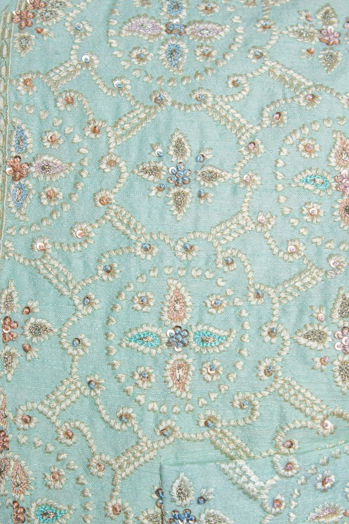 Aqua Embroidered Bundi with Off-White Pintuck Silk Kurta Set