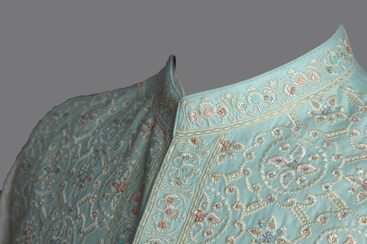 Aqua Embroidered Bundi with Off-White Pintuck Silk Kurta Set