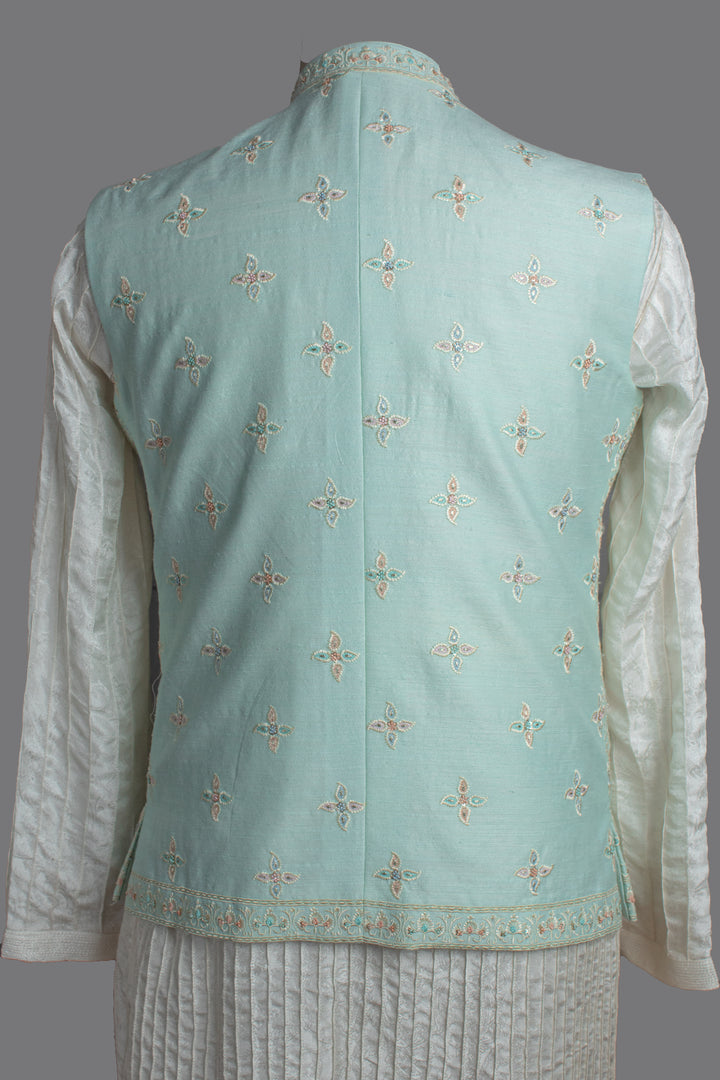 Aqua Embroidered Bundi with Off-White Pintuck Silk Kurta Set