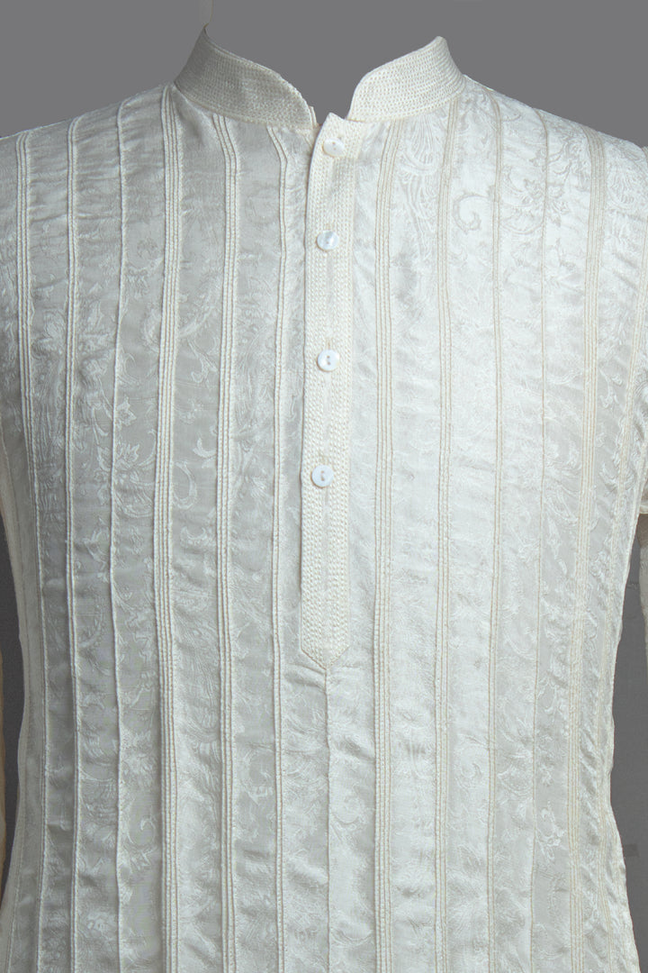 Aqua Embroidered Bundi with Off-White Pintuck Silk Kurta Set