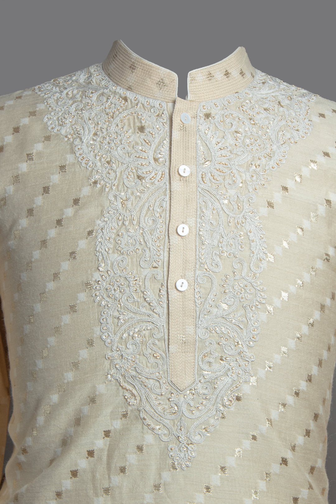 Beige Banarasi Silk Kurta Set with Dori & Hand Embroidery
